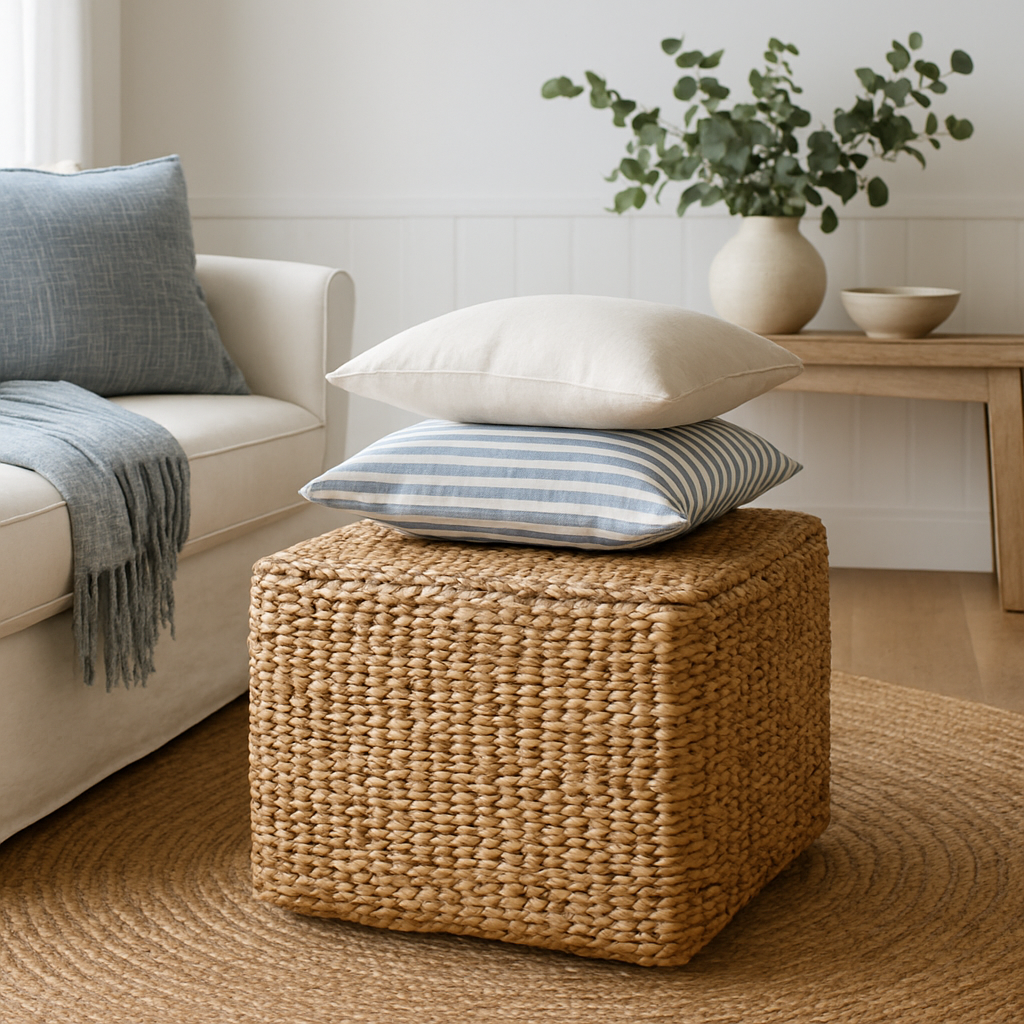 Coastal-inspired woven stools and ottomans styled in a light, airy room with natural textures and relaxed decor