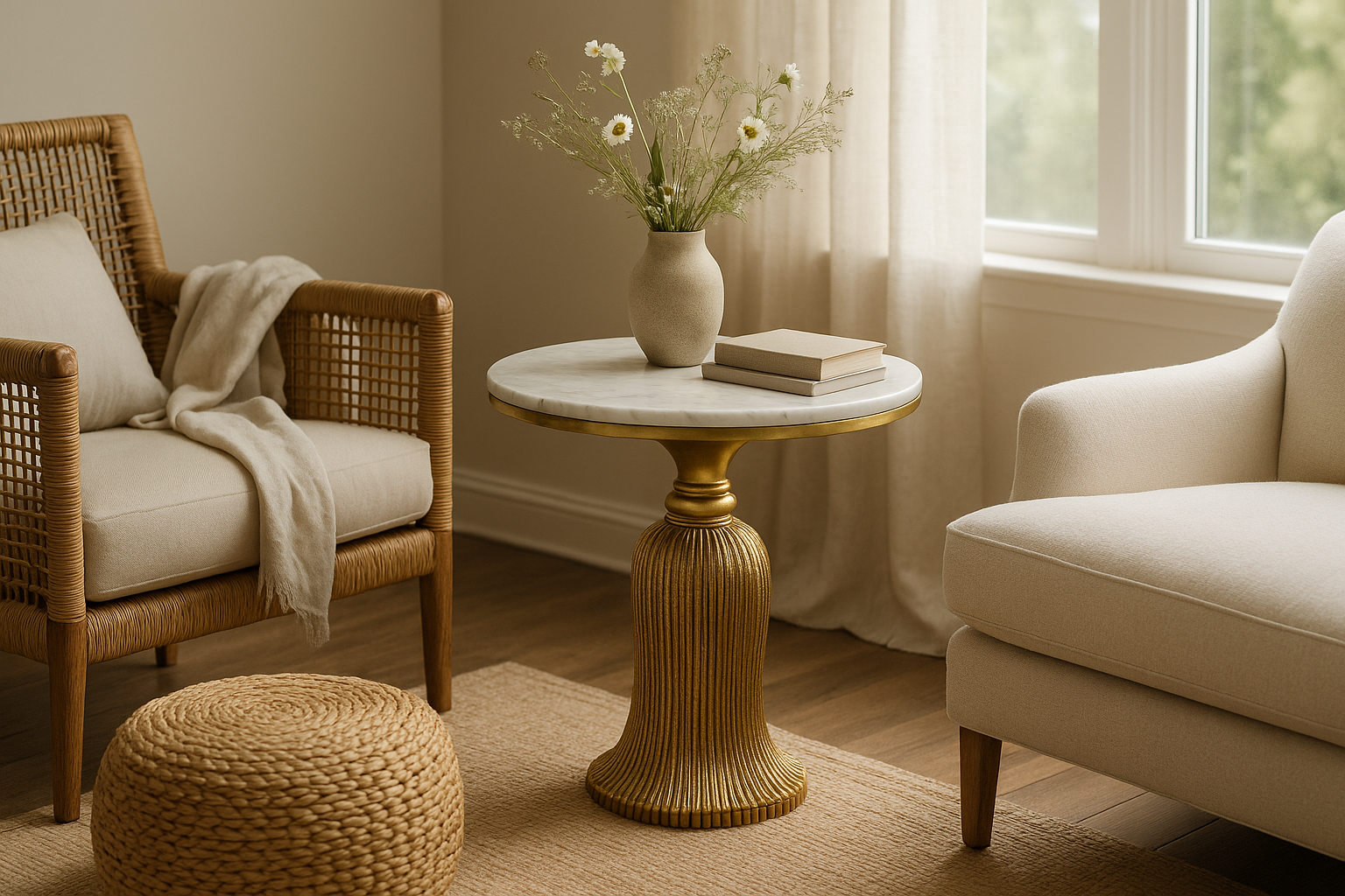 Bright coastal living space featuring a marble-top gold side table, woven ottoman, and rattan chair.