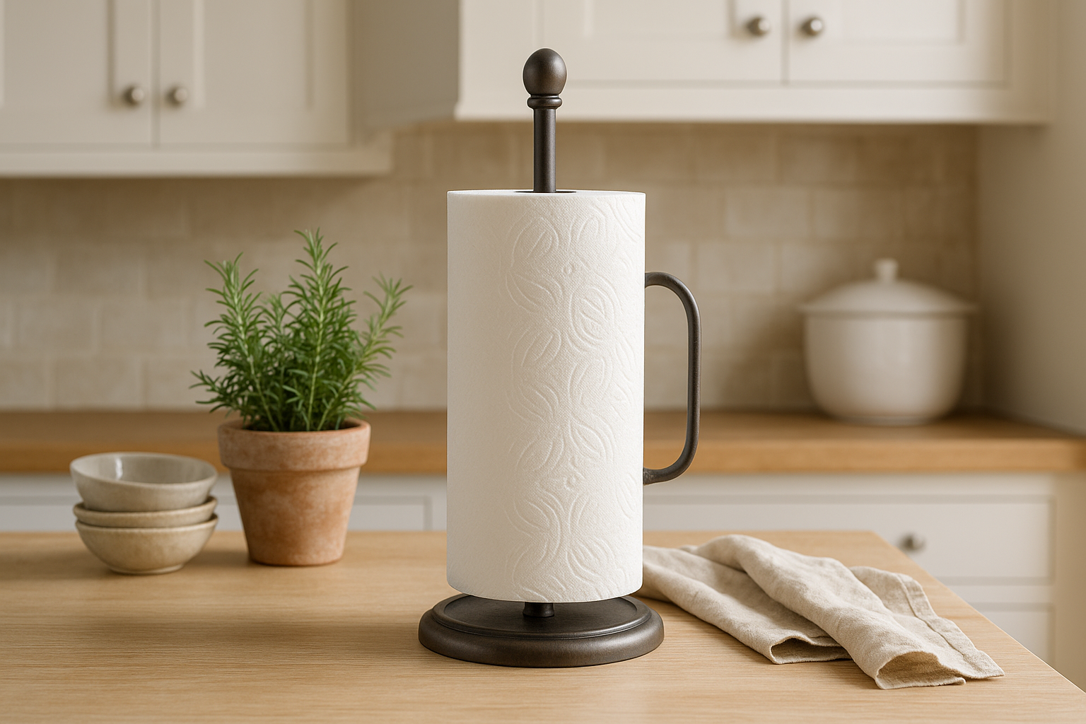 Decorative kitchen paper towel holders styled on rustic wood countertops with coastal and farmhouse-inspired kitchen decor in soft natural lighting.