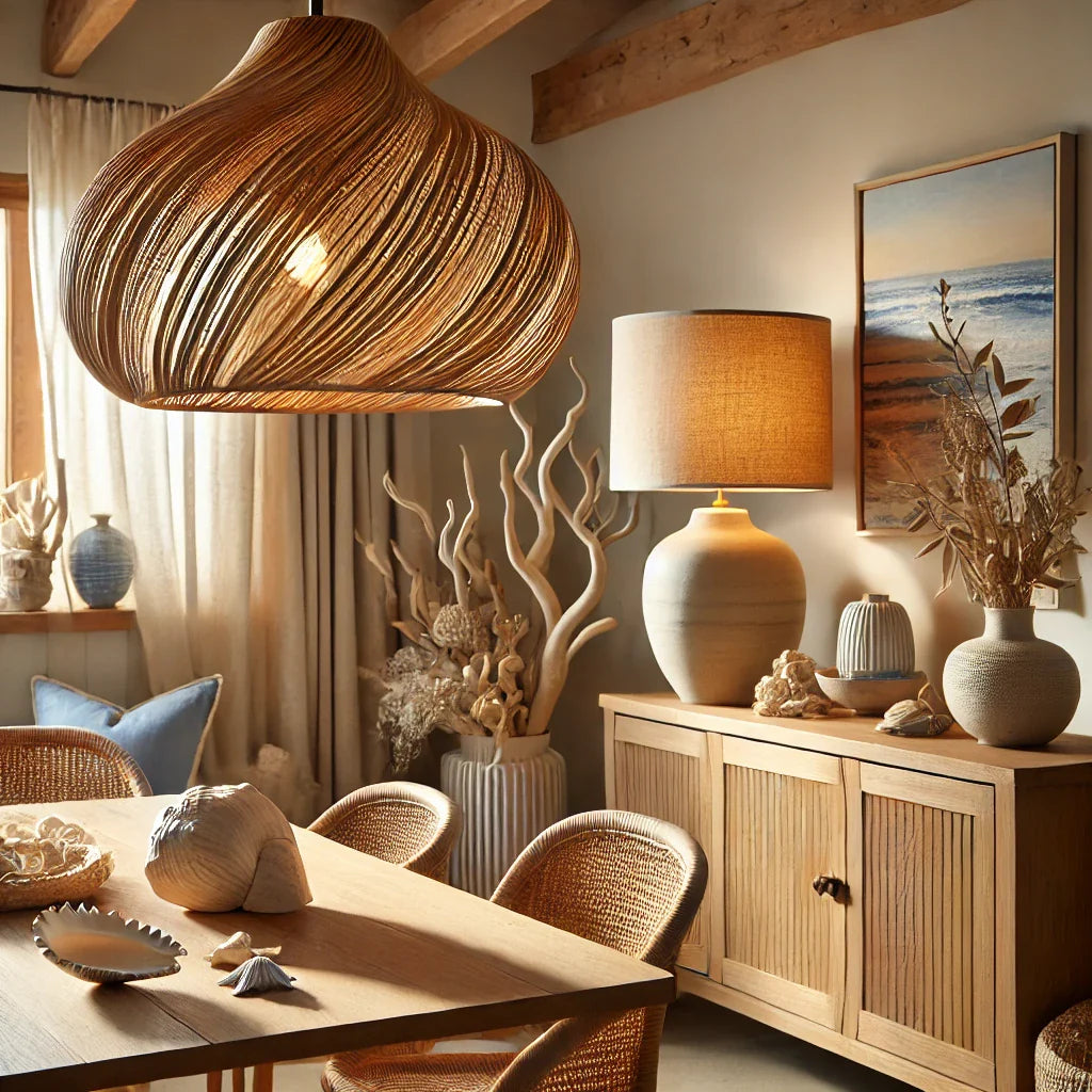 Coastal-inspired lighting scene with a sculptural pendant and ceramic table lamp, styled with soft blue accents, seashells, and natural textures.