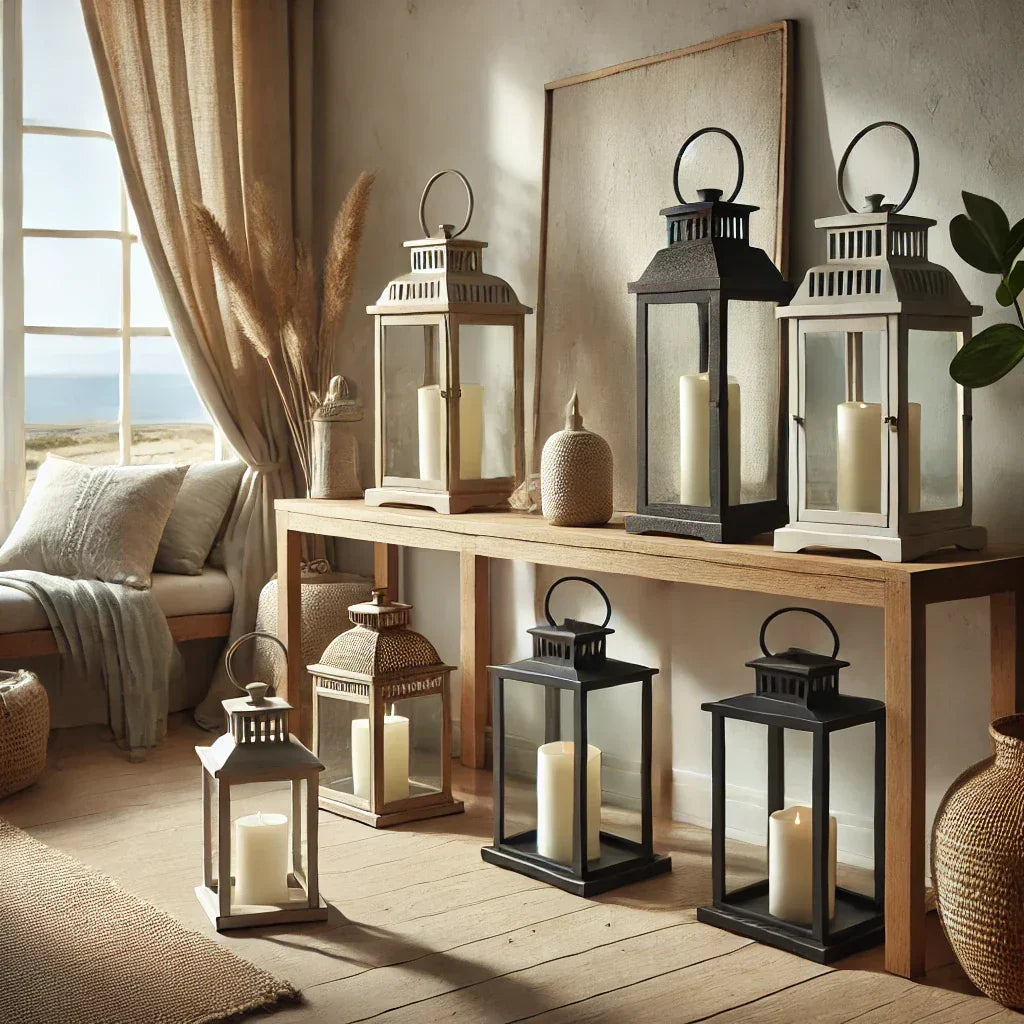 Metal and glass lanterns in black, white, and bronze, styled for indoor and outdoor use with soft candlelight and coastal-inspired surroundings.