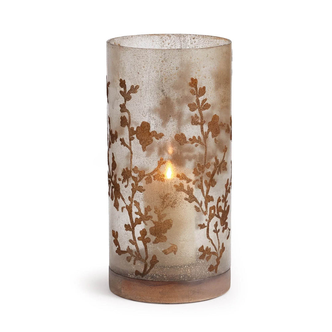Studio image of 14-inch smoky glass hurricane with botanical etching and turned wood base – Modern Natural style