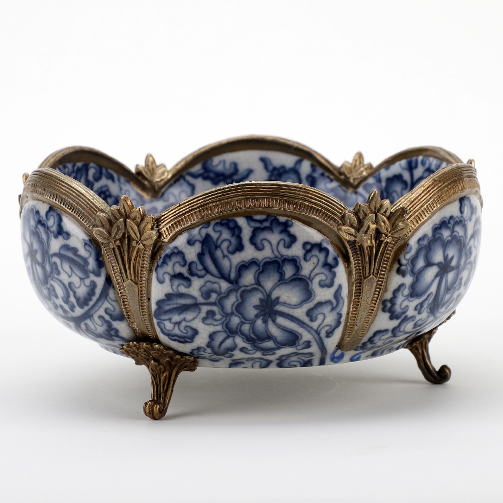 Decorative Floral Bowl with Bronze Accents