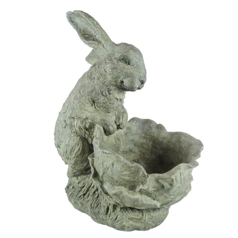 19.5 inch cement bunny planter shown empty with detailed texture and soft green finish for garden use