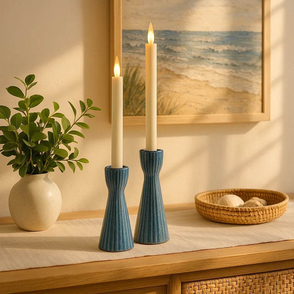 Blue ceramic taper candle holders, set of 2, reactive glaze stoneware - front view