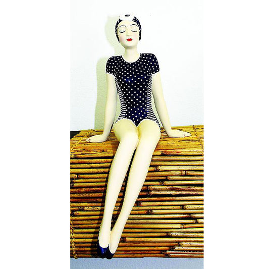 Shelf Sitting Bathing Beauty Figurine in Navy and White Suit