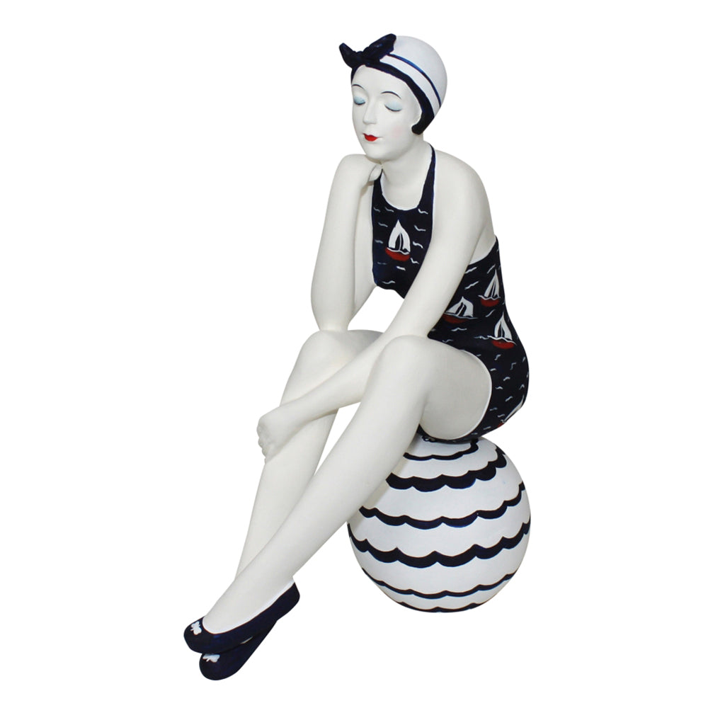 Bathing Beauty Figurine in Navy Blue Suit on Beach Ball