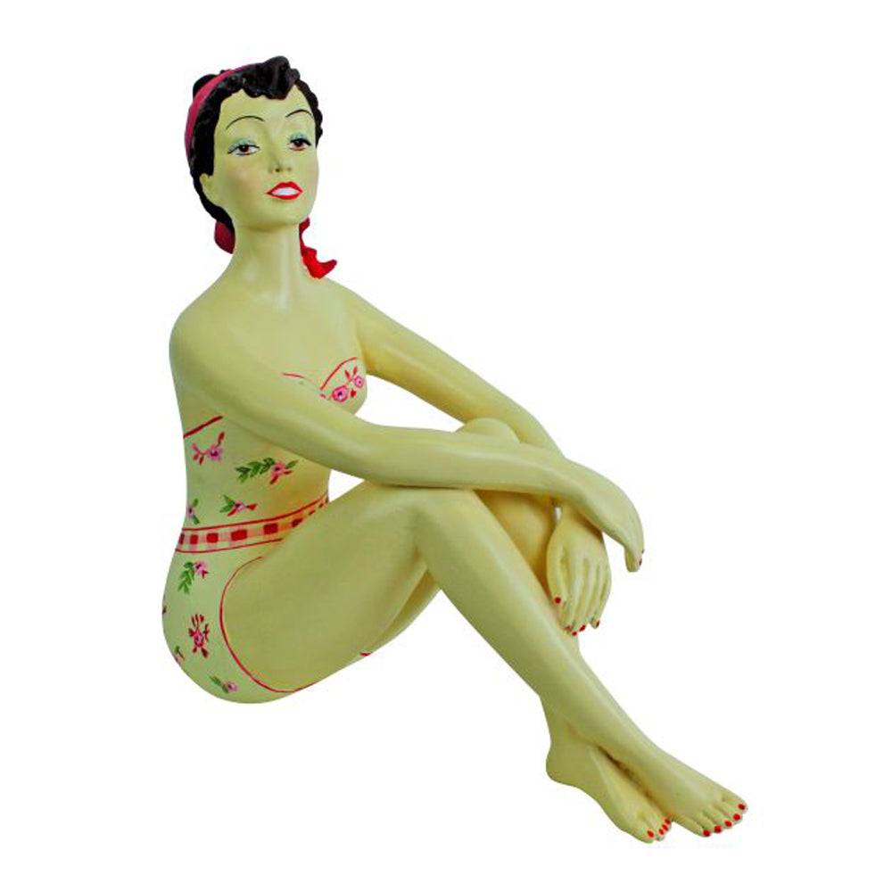 Bathing Beauty Figurine in Strapless Floral Suite and Red Hair Bow with Knees Up