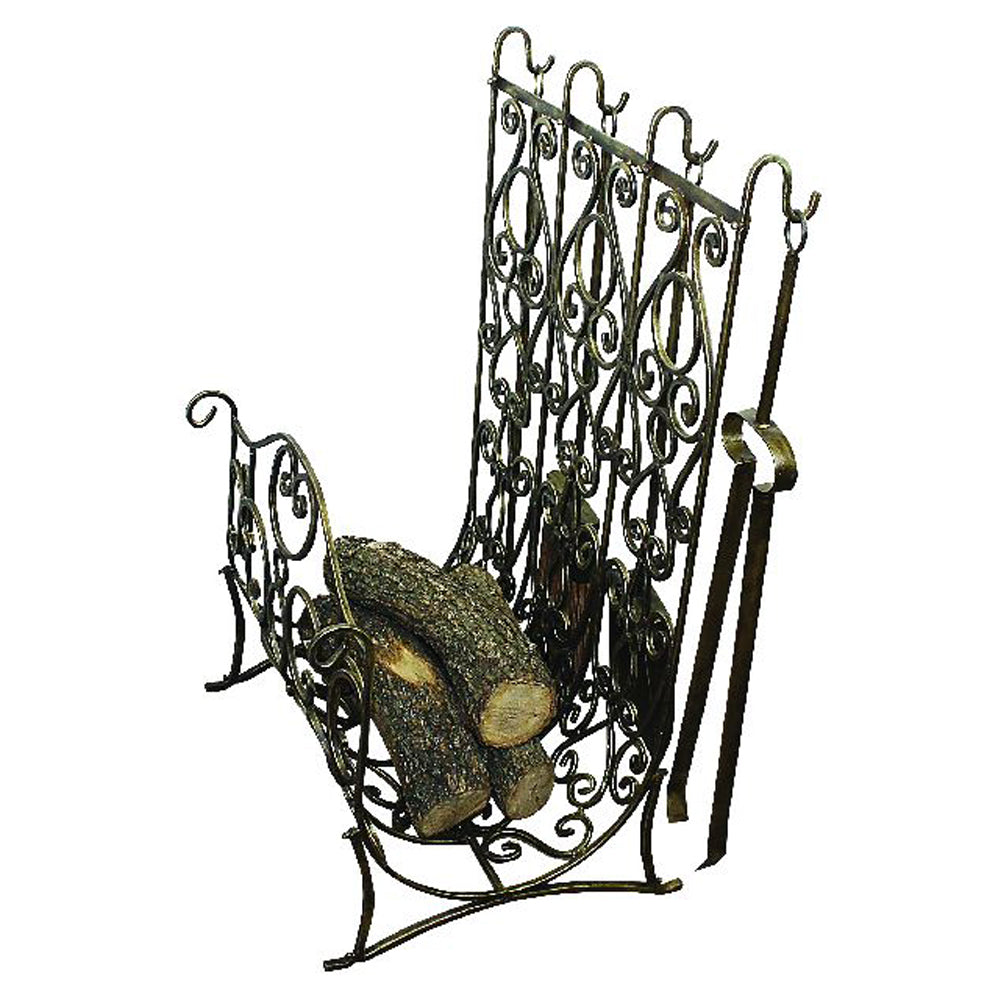 Faux Antique Brass Fireplace Log Holder with Tools