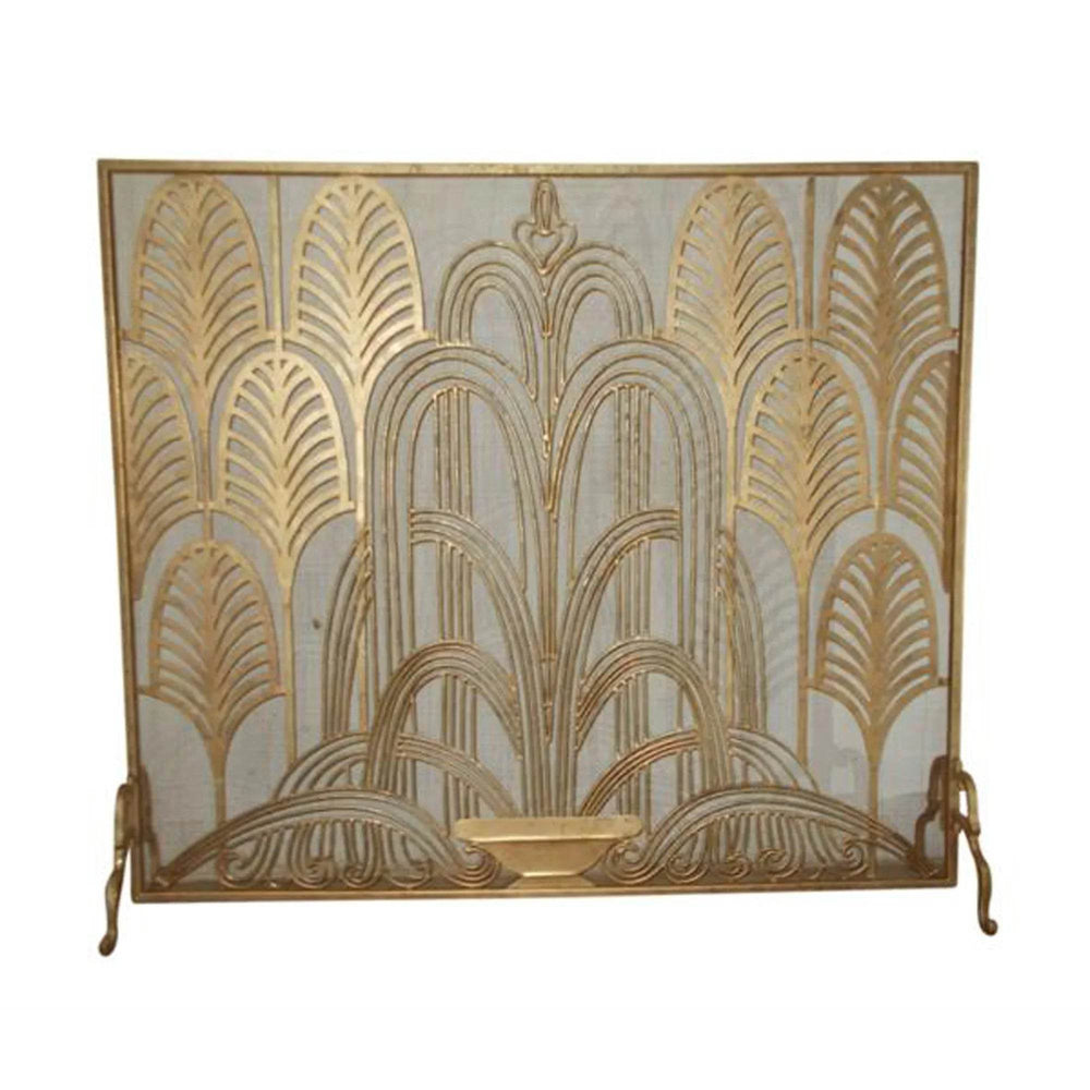 Side view of gold art deco fireplace screen showcasing the layered scroll and fountain pattern with handcrafted iron detailing.