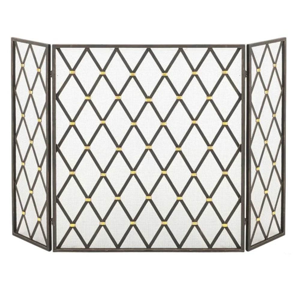 3-panel fireplace screen in dark burnished gold with gold accents and mesh backing, featuring a diamond pattern design.