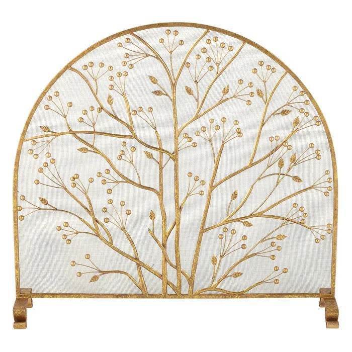 Arched Italian gold fireplace screen with twig and berry iron design and mesh backing, styled against a neutral background.