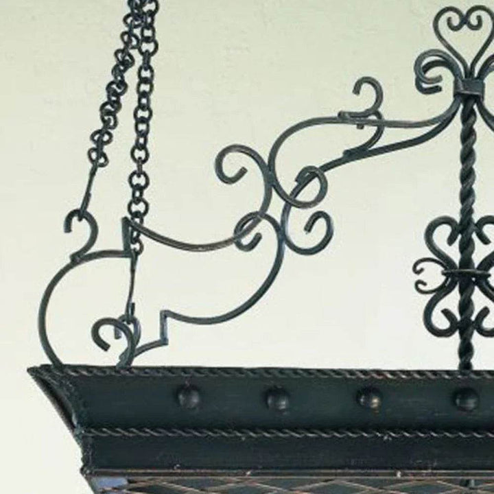 Burnished Gold Wrought Iron Pot Rack with Scroll Details