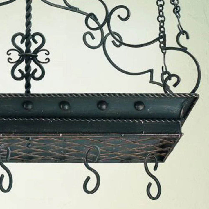 Burnished Gold Wrought Iron Pot Rack with Scroll Details