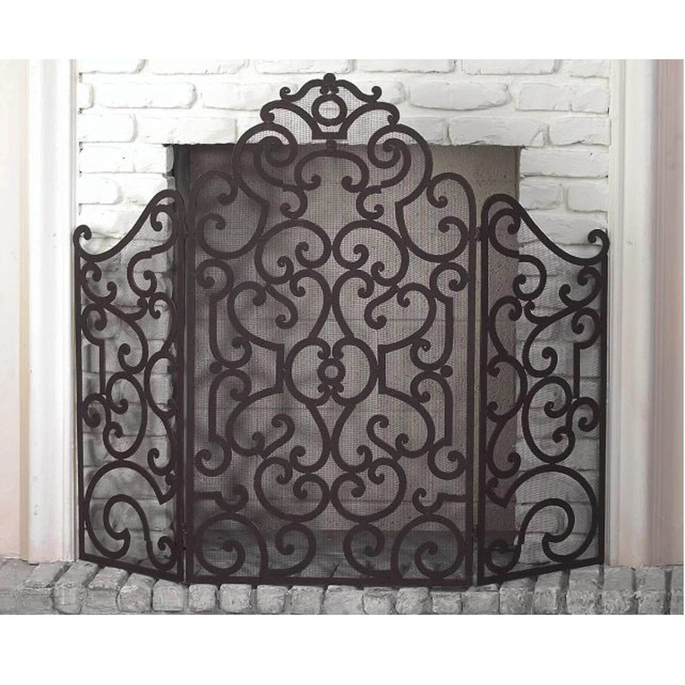 3-Panel Iron Fireplace screen with Stained Antique Brown Scroll Design