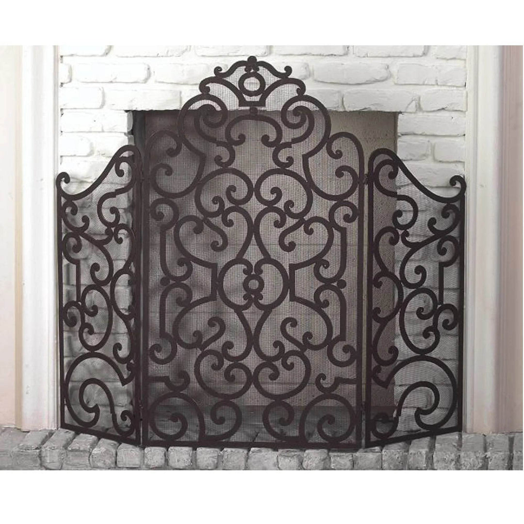 3-Panel Iron Fireplace screen with Stained Antique Brown Scroll Design