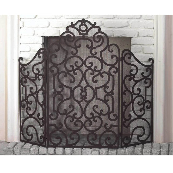 3-Panel Iron Fireplace screen with Stained Antique Brown Scroll Design