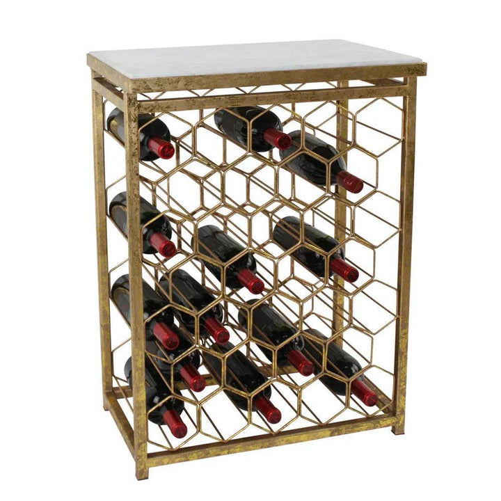 This elegant side table features a stylish Italian gold design, a sleek marble top, and a spacious wine storage capable of holding 32 bottles. Crafted with sturdy iron and a luxurious finish, it serves as a durable and stunning centerpiece for your living room.