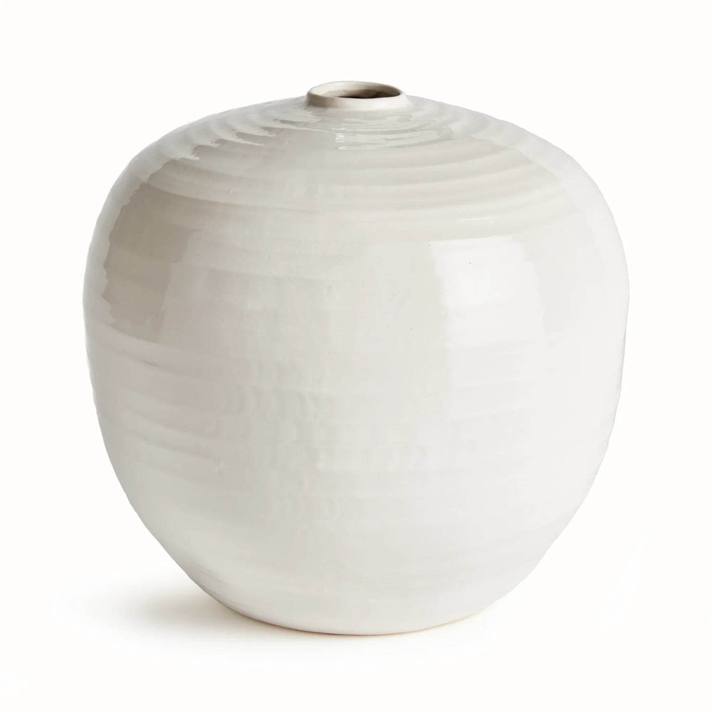 Side view of handcrafted large oatmeal stoneware vase with subtle concentric ridges and narrow mouth opening.
