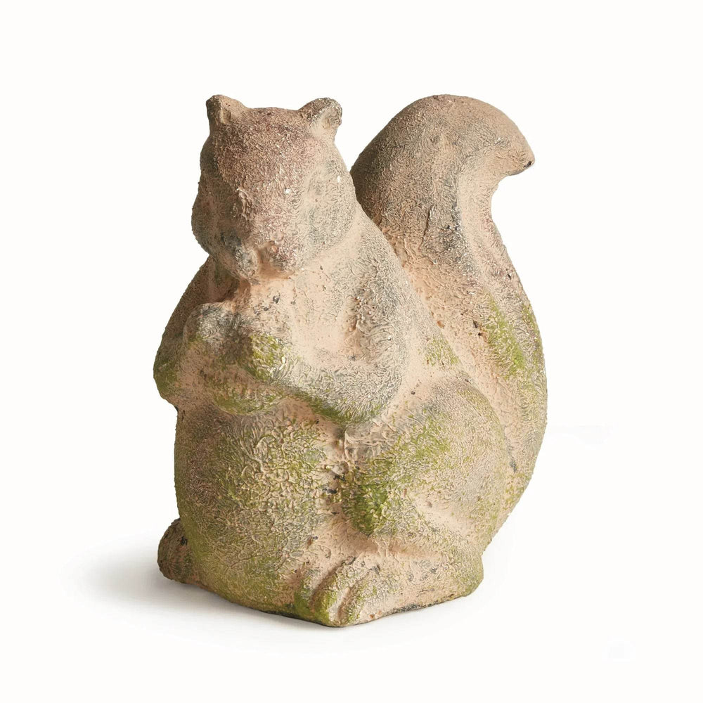 Moss terracotta garden squirrel statue shown in side profile, highlighting textured surface and handcrafted detailing.