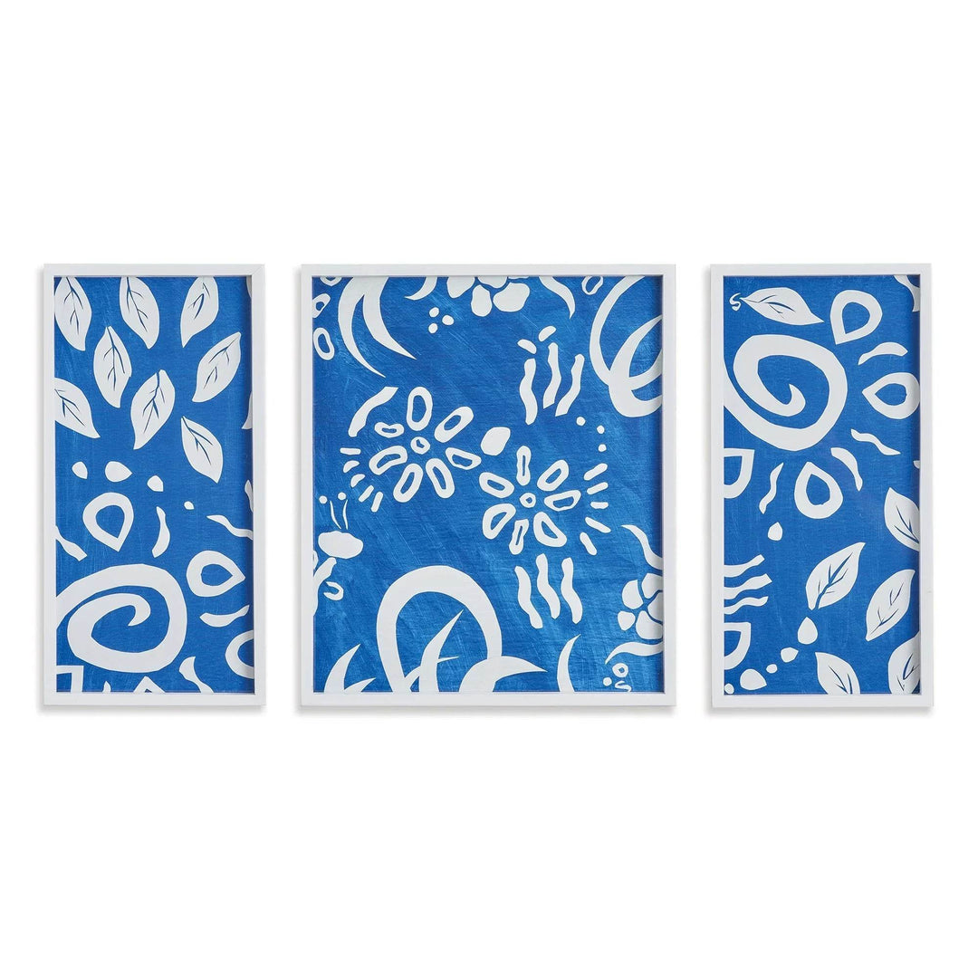 Abstract blue and white triptych wall art in coastal palette, three framed panels with graphic floral and swirl patterns.