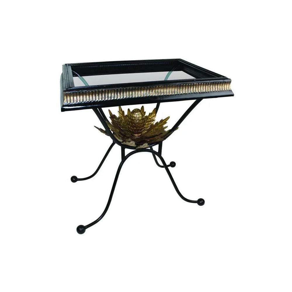 Black and gold artichoke metal side table with glass top, rectangular accent table on curved iron legs