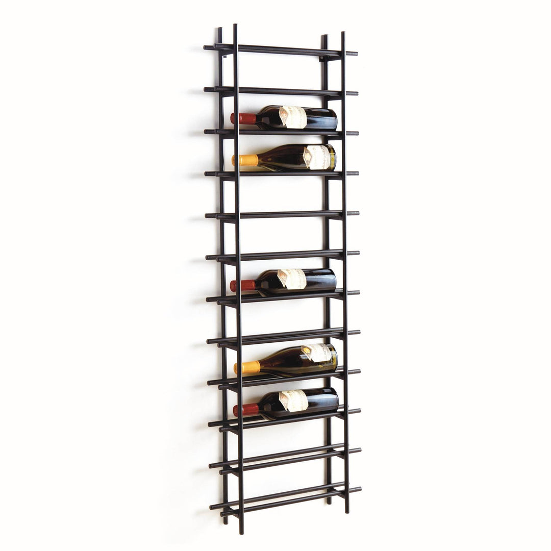 Black iron vertical wall wine rack with slim ladder design, holds 12 bottles securely, shown mounted with several bottles in place.