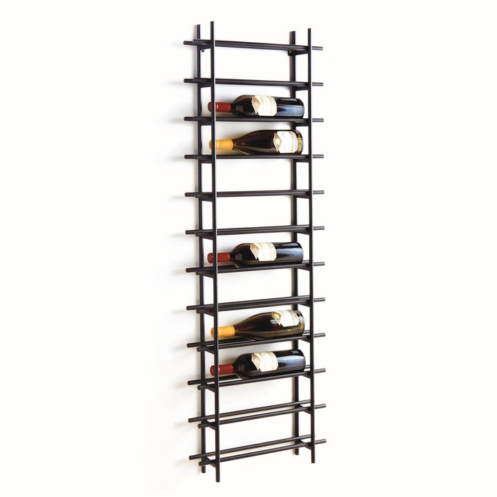 Black iron vertical wall wine rack with slim ladder design, holds 12 bottles securely, shown mounted with several bottles in place.