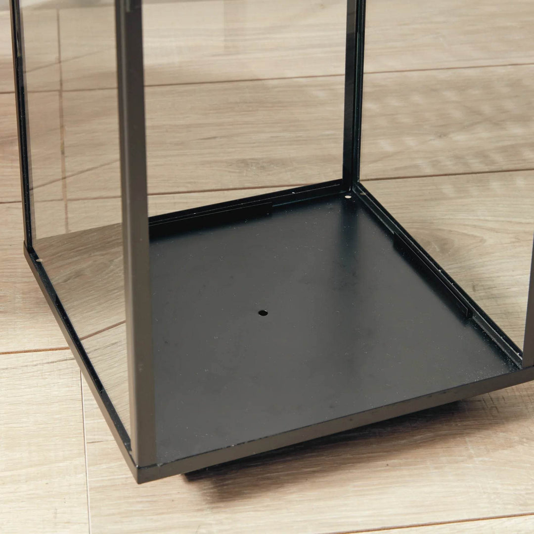 Bottom view of large black outdoor lantern with glass panels and stainless steel frame, designed for outdoor use – Transitional