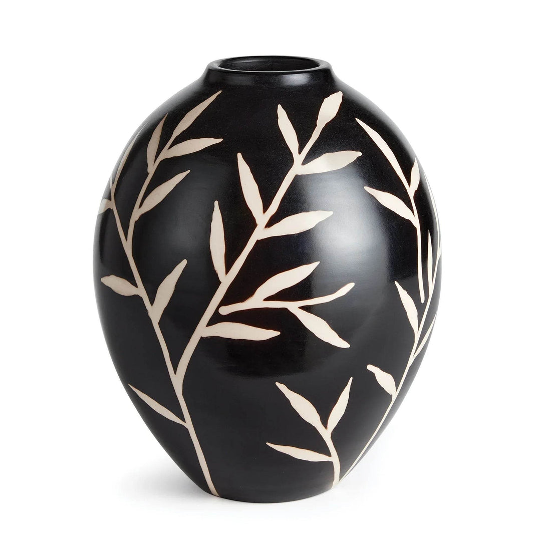 Front view of round black terracotta vase with pale vine motif and matte surface – Modern Organic.