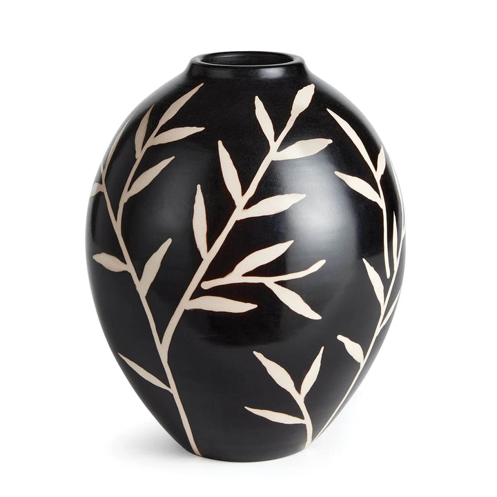 Front view of round black terracotta vase with pale vine motif and matte surface – Modern Organic.