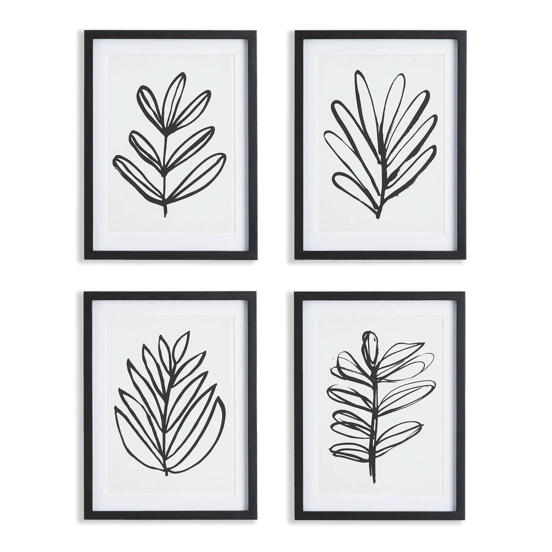 Set of 4 black and white leaf prints framed in black wood with white mats – modern minimalist wall art set