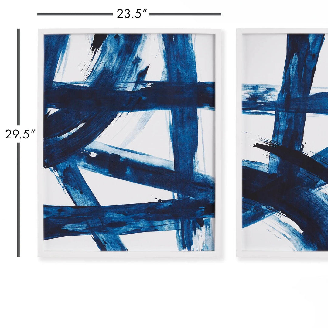 Close-up of blue modern abstract art prints with dynamic overlapping brushwork