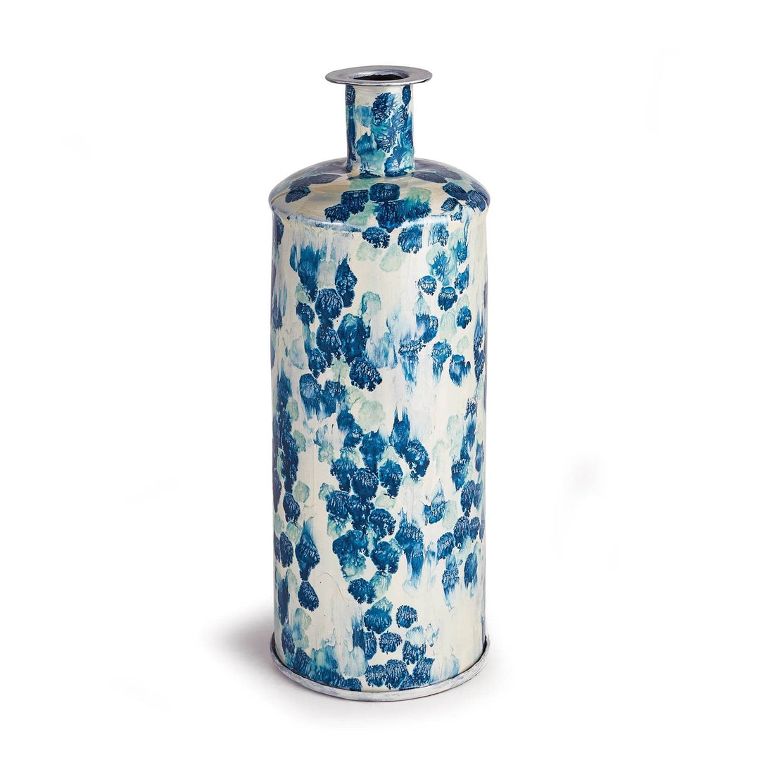 Blue and white enameled metal bottle vase with hand painted floral pattern and glossy finish, suitable for shelf decor – Transitional Decor.