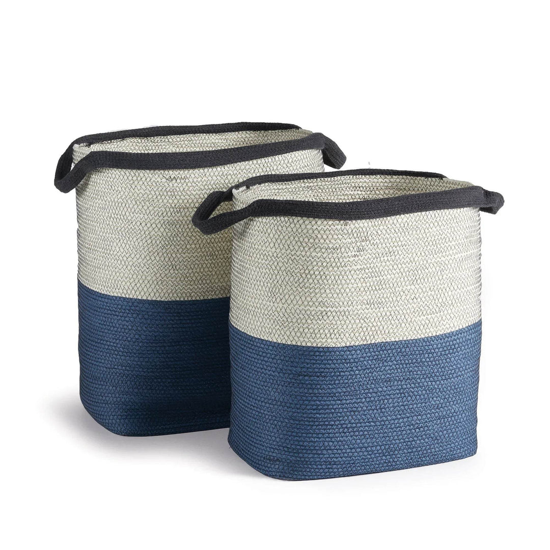 Set of two blue and white woven storage baskets with handles, coastal style – Modern Coastal.