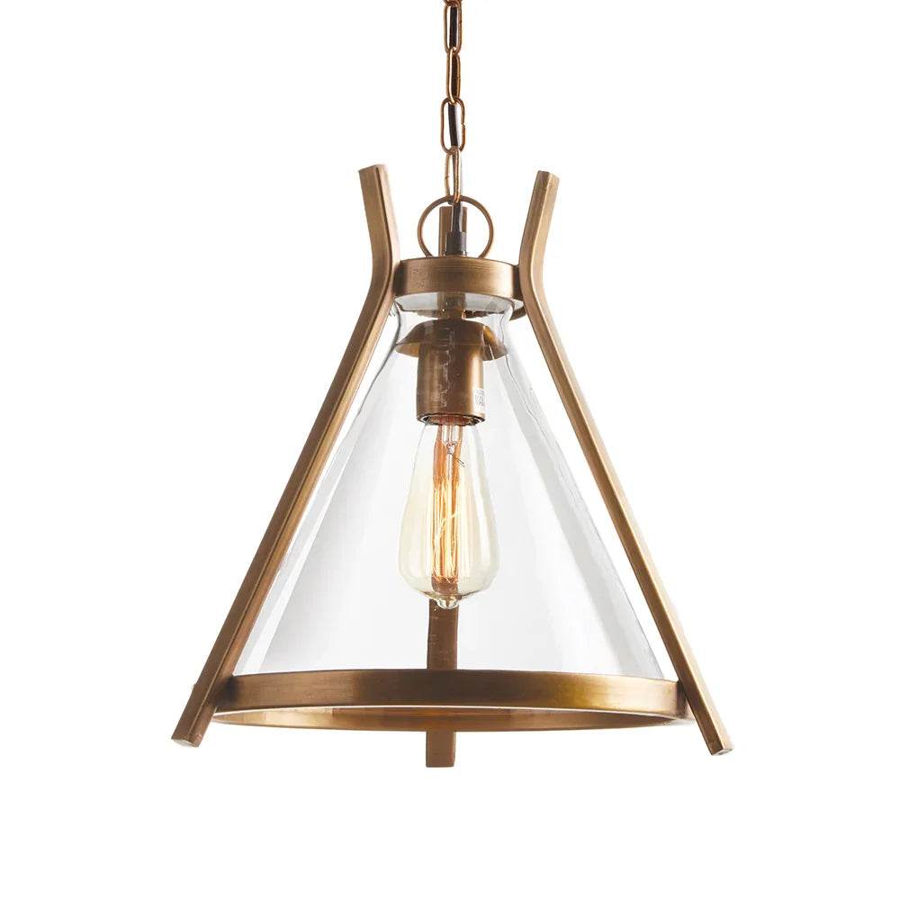 Front-facing studio view of brass and clear-glass pendant light on white background, highlighting cone silhouette and chain mount