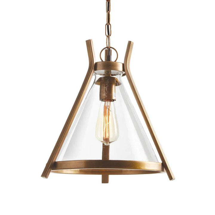Front-facing studio view of brass and clear-glass pendant light on white background, highlighting cone silhouette and chain mount