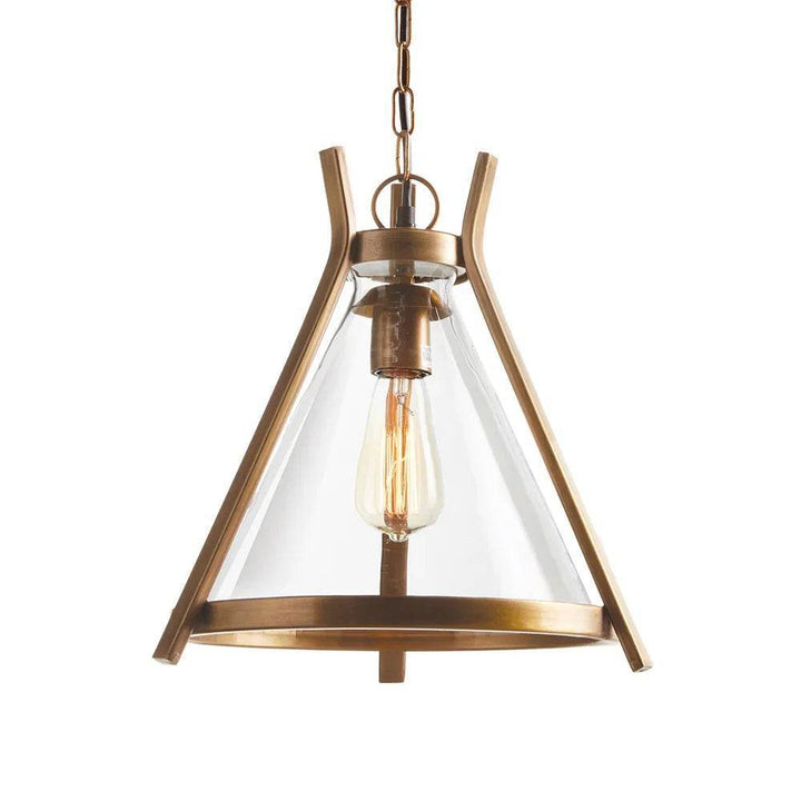 Front-facing studio view of brass and clear-glass pendant light on white background, highlighting cone silhouette and chain mount