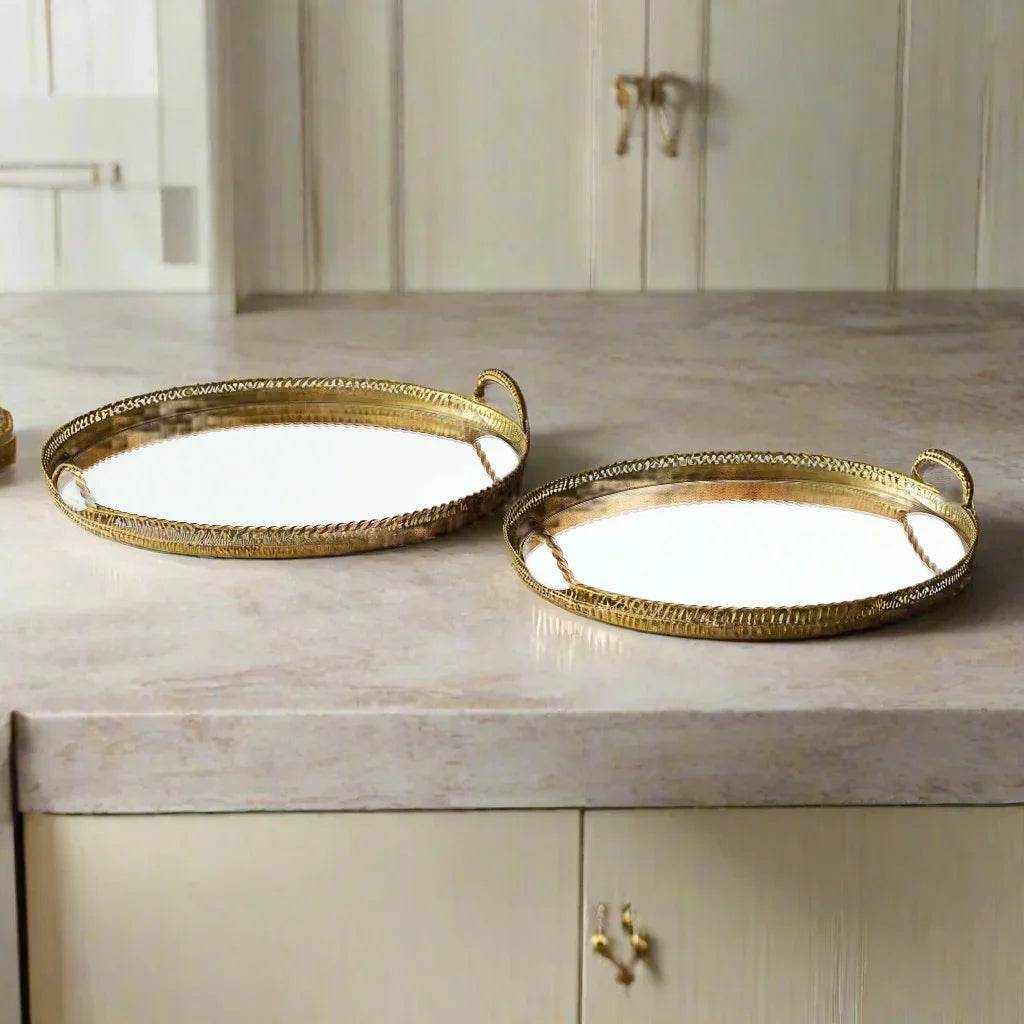 Set of 2 Antique Gold Cast Iron Decorative Mirrored Trays