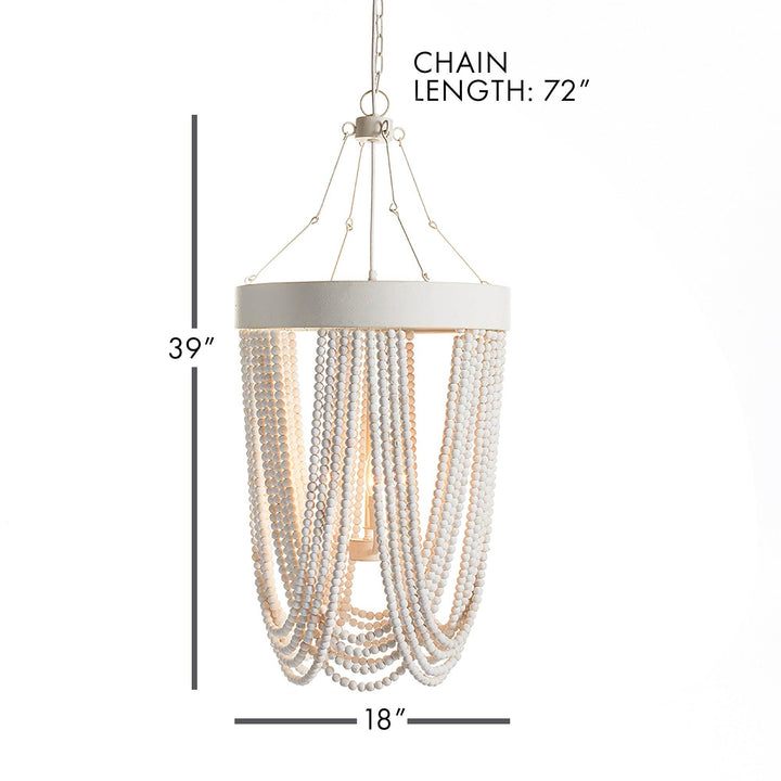 White beaded pendant chandelier with scale diagram showing 39 inch height, 18 inch diameter, and 72 inch chain length – Coastal Boho