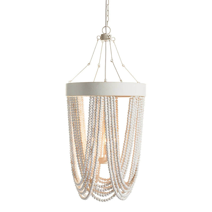 White wood beaded pendant light with cascading draped strands, shown on white background, 39 inches high – Coastal Boho