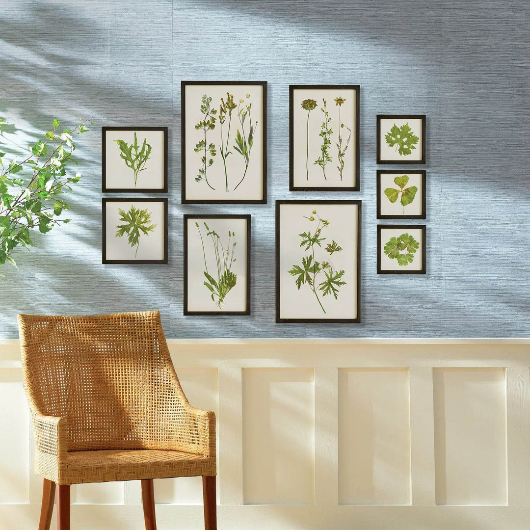 Cottagecore gallery wall with nine framed plant prints styled above wainscoting in natural light.