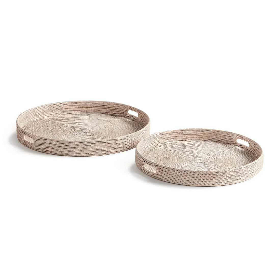 Whitewash Rattan Round Ottoman Trays Large, Set Of 2
