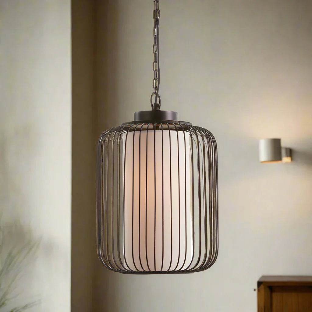 Antique Bronze Pendant Light with Soft Linen Drum Shade 1