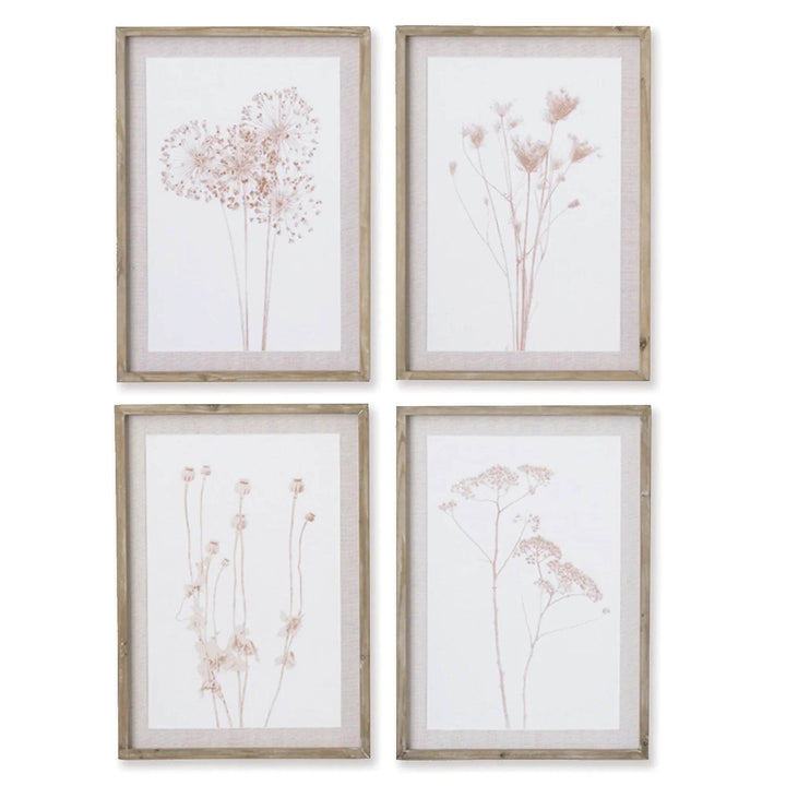 Full set of four sepia-toned botanical prints in natural pine frames with mats, styled for soft farmhouse or rustic-modern interiors.