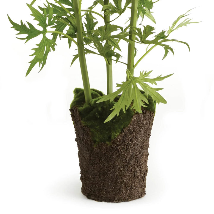 Drop-in base of faux delphinium showing green foliage and mossy root ball for planter stability – Modern Cottage