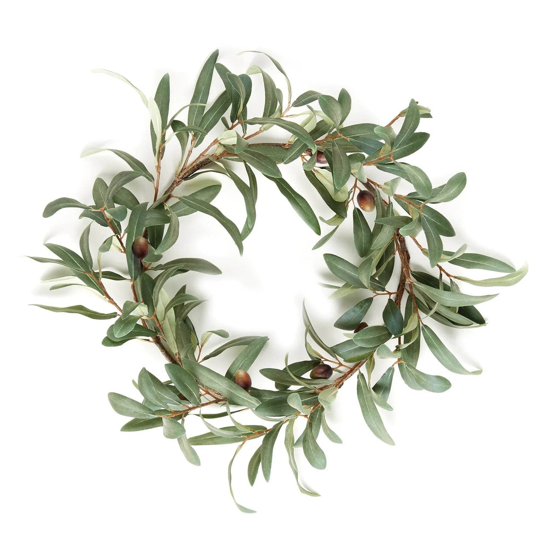Faux olive wreath with lifelike green leaves and round 16 inch shape, styled for indoor wall or mantel decor – Mediterranean Classic.