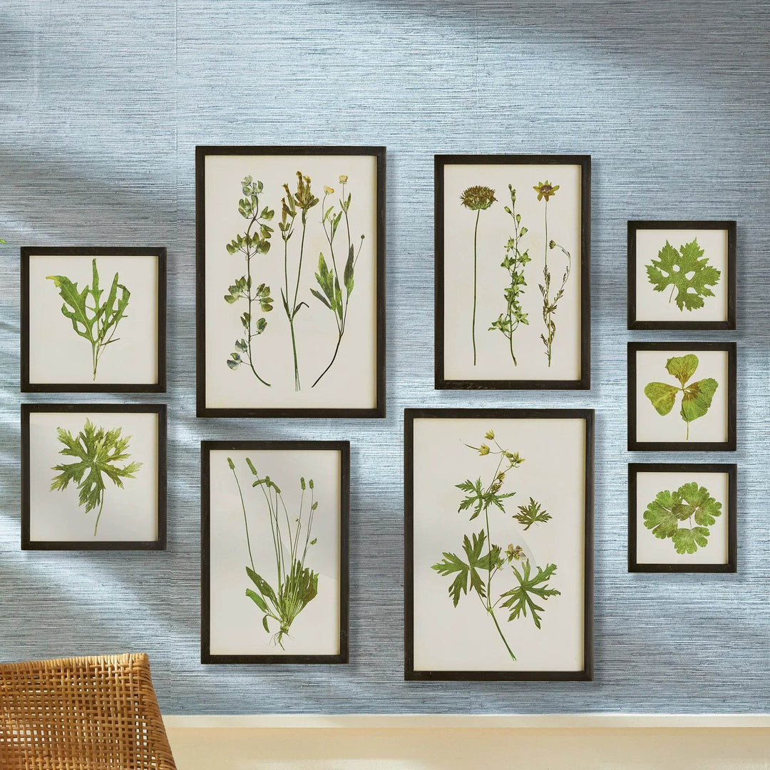 Nine-piece framed botanical wall art set with pressed greenery displayed on a textured blue wall.