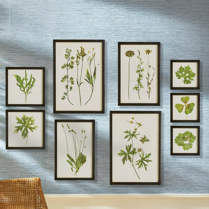 Nine-piece framed botanical wall art set with pressed greenery displayed on a textured blue wall.