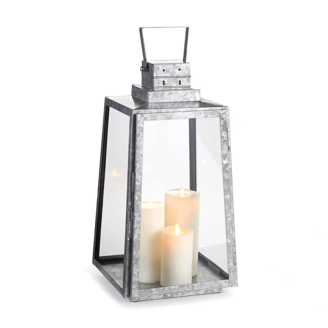 Large galvanized metal outdoor lantern with glass panels and candles for patio or porch decor – Industrial Farmhouse